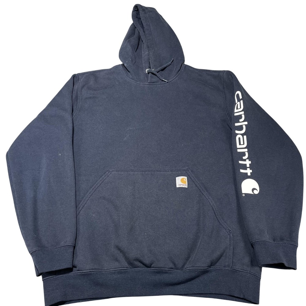 Carhartt Hoodie Mens Medium Blue Pullover Fleece Sweatshirt Sleeve Logo